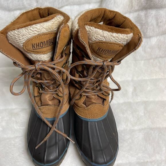 KHOMBU leather brown suede &navy blue rubber duck boots beige knit accent SZ7M - Picture 2 of 9